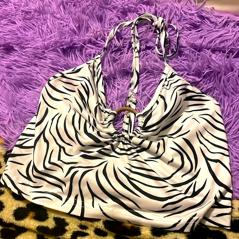 SHEIN zebra print crop top, ties over neck.